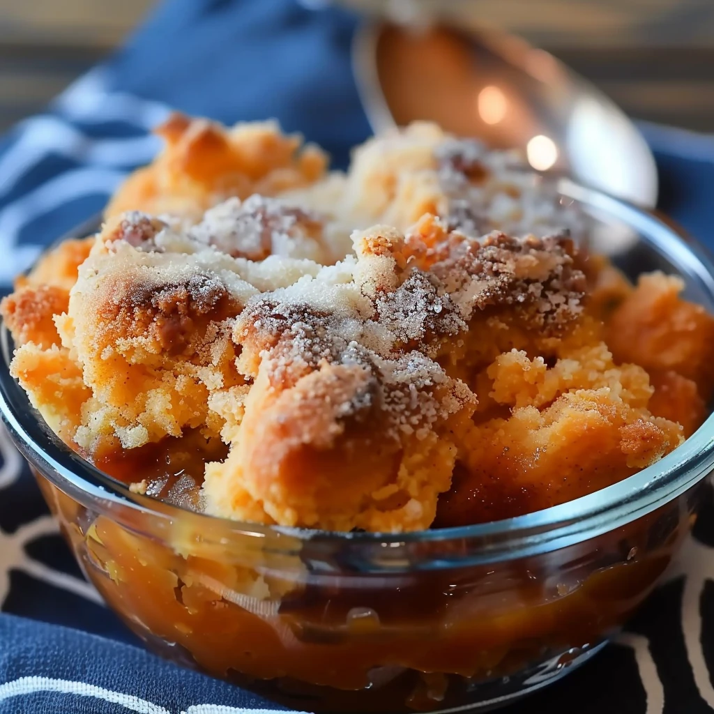 Golden, crumbly sweet potato cobbler topped with caramelized sugar, served in a glass bowl, showcasing vibrant orange hues and a rich, inviting texture.