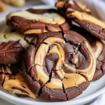 Rich chocolate swirled brownie cookies with creamy peanut butter ribbons, beautifully marbled and crackled, stacked on a white plate.