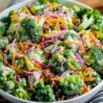 Vibrant bowl of The Best Broccoli Salad with crisp green broccoli, red onion, cheddar cheese, bacon, and creamy dressing, bursting with color and fresh textures