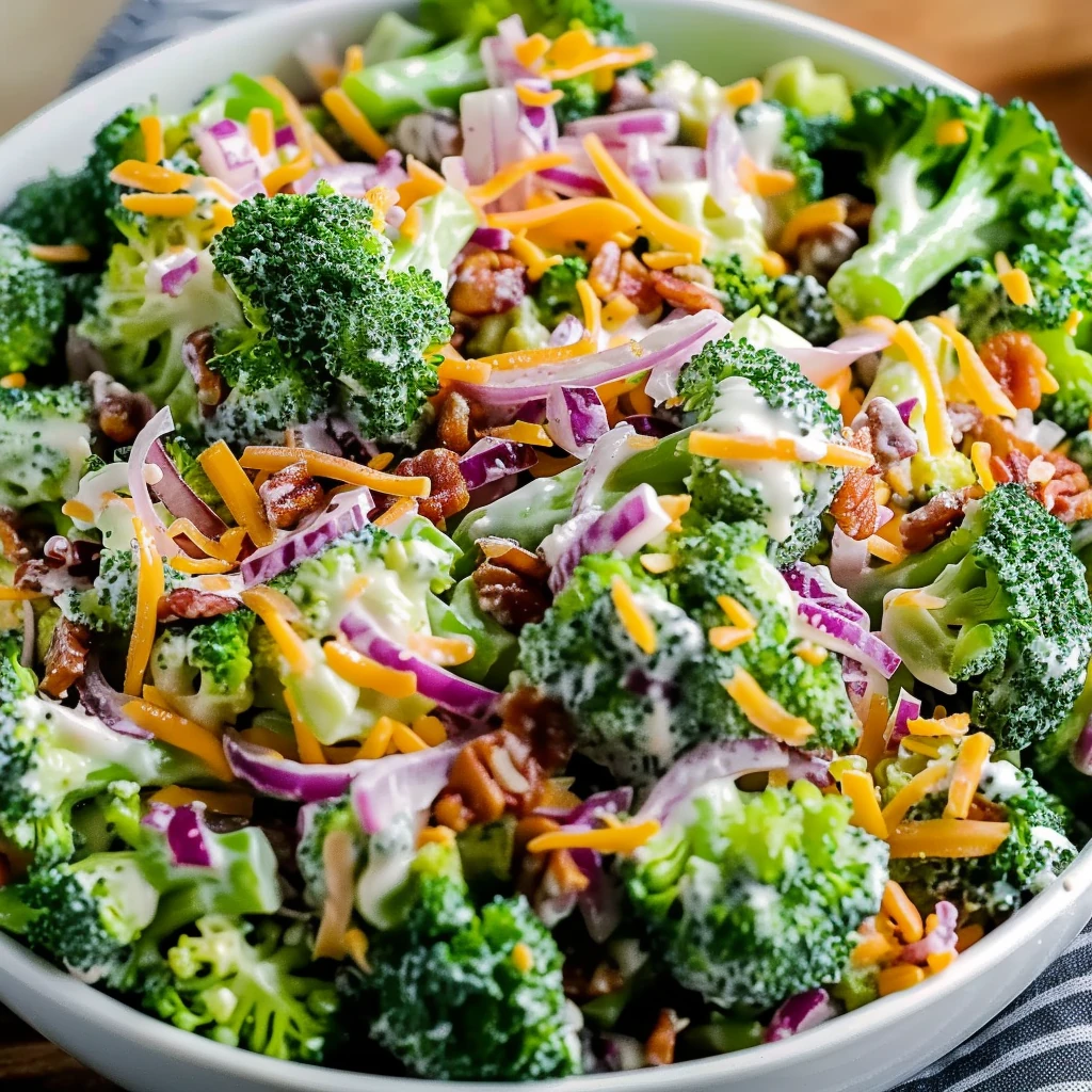 Vibrant bowl of The Best Broccoli Salad with crisp green broccoli, red onion, cheddar cheese, bacon, and creamy dressing, bursting with color and fresh textures