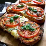 Golden Tomato Basil Garlic Bread topped with vibrant red tomato slices, melted cheese, and fresh basil, beautifully arranged on a wooden board.