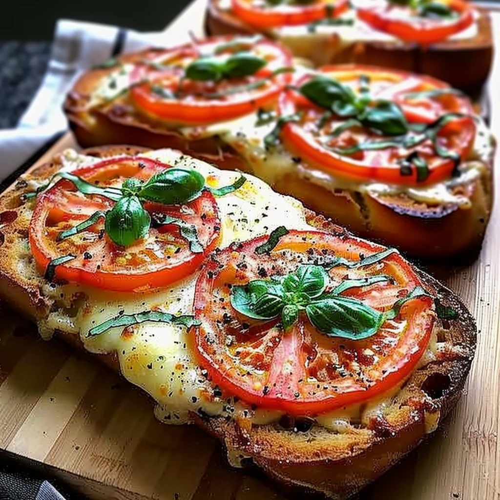 Golden Tomato Basil Garlic Bread topped with vibrant red tomato slices, melted cheese, and fresh basil, beautifully arranged on a wooden board.