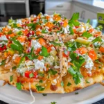 Colorful Tzatziki Chicken Pizza with juicy chicken, creamy feta, fresh veggies, and parsley on golden naan crust, served on a white plate in a bright kitchen