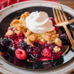 Vegan Berry Crisp featuring vibrant mixed berries topped with a golden crispy crust, served with a dollop of cream on a black plate