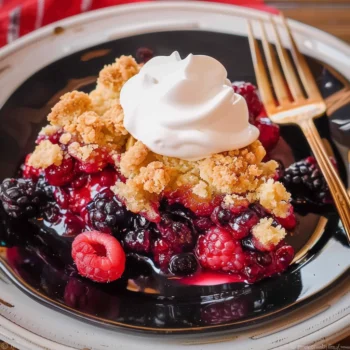 Vegan Berry Crisp featuring vibrant mixed berries topped with a golden crispy crust, served with a dollop of cream on a black plate