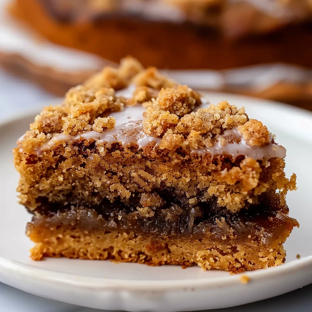 Golden vegan pumpkin coffee cake with a thick crumbly cinnamon streusel topping and light glaze served on a white plate