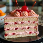 Four-layer Vintage Maraschino Cherry Cake slice with swirls of pink cherry frosting, vivid chopped cherries, and glossy whole maraschino cherries on top, presented on a sleek black plate.