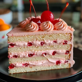 Four-layer Vintage Maraschino Cherry Cake slice with swirls of pink cherry frosting, vivid chopped cherries, and glossy whole maraschino cherries on top, presented on a sleek black plate.