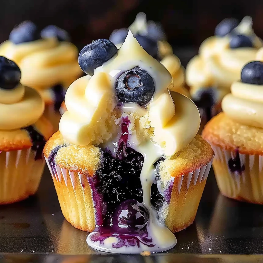Golden blueberry cheesecake cupcakes with creamy white chocolate frosting, vivid blueberry filling, and fresh blueberry garnish, beautifully presented on a dark tray.
