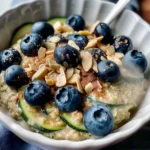 Creamy Zoats (Zucchini Oats) topped with fresh blueberries, slivered almonds, and a dusting of cinnamon in a white bowl, showing vibrant green, blue, and golden colors and a hearty, inviting texture.
