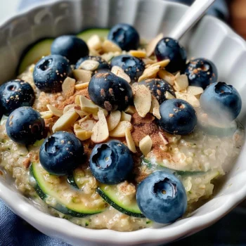 Creamy Zoats (Zucchini Oats) topped with fresh blueberries, slivered almonds, and a dusting of cinnamon in a white bowl, showing vibrant green, blue, and golden colors and a hearty, inviting texture.