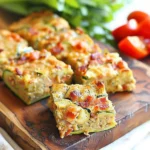 Golden-brown Zucchini and Bacon Slice squares with crispy bacon bits, visible green zucchini, and melty cheese, served on a rustic wooden board with fresh herbs and cherry tomatoes.