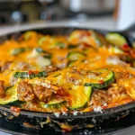 Bubbly zucchini and sausage stovetop casserole with golden melted cheddar cheese, colorful zucchini rounds, and savory sausage pieces in a rustic black skillet.