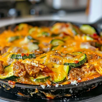 Bubbly zucchini and sausage stovetop casserole with golden melted cheddar cheese, colorful zucchini rounds, and savory sausage pieces in a rustic black skillet.
