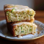 Moist golden Zucchini Bars topped with creamy icing, showcasing green zucchini flecks, served on a white and gold-rimmed plate