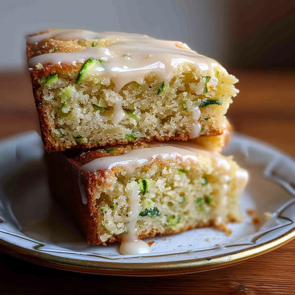 Moist golden Zucchini Bars topped with creamy icing, showcasing green zucchini flecks, served on a white and gold-rimmed plate