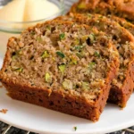 Moist, golden-brown zucchini bread slices with green zucchini flecks, served on a white plate, highlighting the soft crumb and inviting homemade appearance.