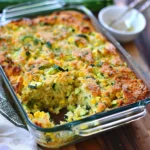 Golden-brown Zucchini Cornbread Casserole with visible zucchini, sweet corn, and melted cheddar in a glass baking dish.