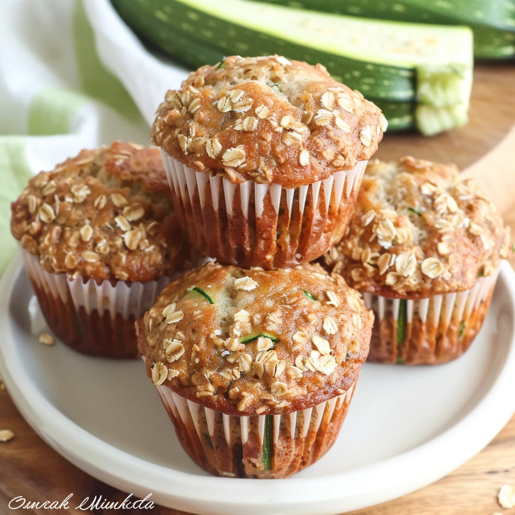 Four golden brown Zucchini Oatmeal Muffins topped with oats, in white liners, stacked on a white plate, with visible green zucchini flecks and a rustic, hearty texture.