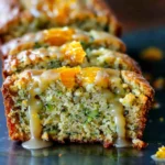 Golden Zucchini Orange Bread with citrus glaze, vibrant green flecks of zucchini, and glossy orange segments on top, sliced to reveal moist crumb.