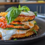 Golden crispy zucchini Parmesan with bubbling mozzarella, marinara, and fresh basil layered artfully on a dark plate, highlighting vibrant colors and crunchy textures.