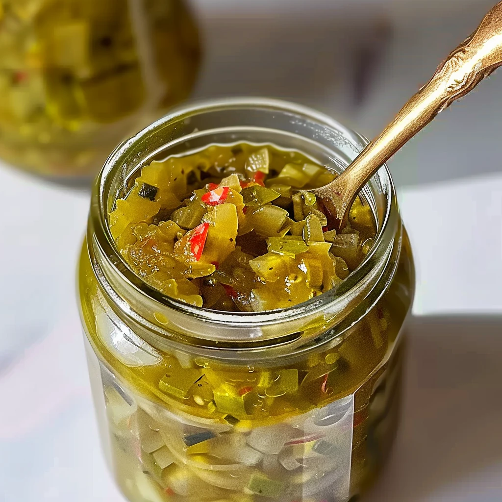 Colorful Zucchini Relish in a glass jar, featuring vibrant green zucchini, red pepper flecks, and a glossy, juicy texture, shown with an ornate golden spoon.