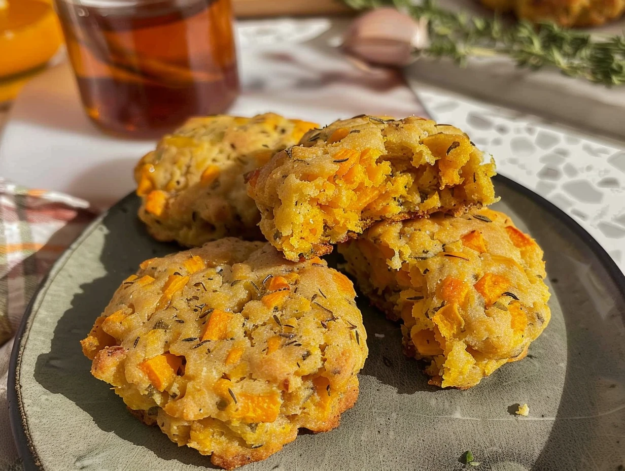 Golden maple sweet potato and sage high-protein breakfast biscuits stacked on a gray plate, showcasing vibrant orange sweet potato pieces and rustic herbs, perfect for a hearty, satisfying breakfast.