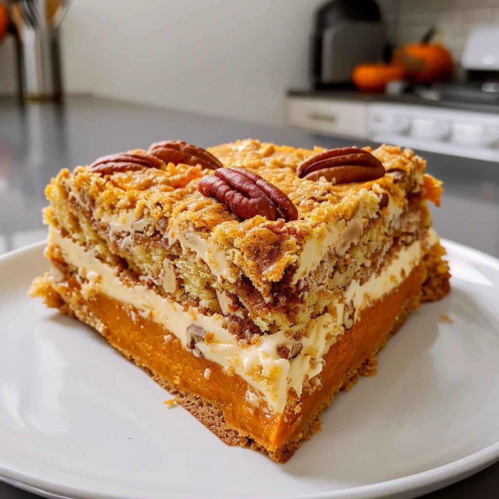 Golden layered 2-Ingredient Pumpkin Dump Cake topped with pecans, featuring a moist pumpkin base and crumbly spice cake topping, served on a white plate.