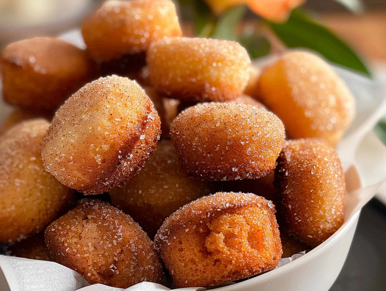 Golden mini cinnamon muffins coated with sparkling cinnamon sugar, arranged in a white bowl with a soft, pillowy texture and warm, inviting appearance.