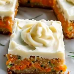 Vibrant spiced ginger carrot and zucchini bars, topped with creamy lemon frosting and piped swirl, colorful orange and green flecks on moist, thick squares.