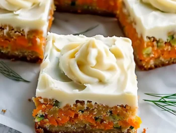 Vibrant spiced ginger carrot and zucchini bars, topped with creamy lemon frosting and piped swirl, colorful orange and green flecks on moist, thick squares.