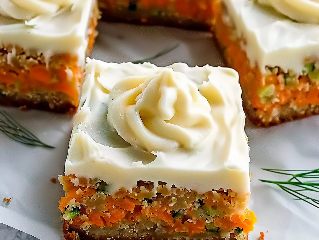 Vibrant spiced ginger carrot and zucchini bars, topped with creamy lemon frosting and piped swirl, colorful orange and green flecks on moist, thick squares.