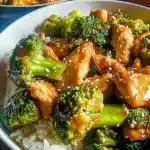 Chicken and Broccoli Stir Fry served in a white bowl, topped with glossy sauce and sesame seeds over fluffy rice.