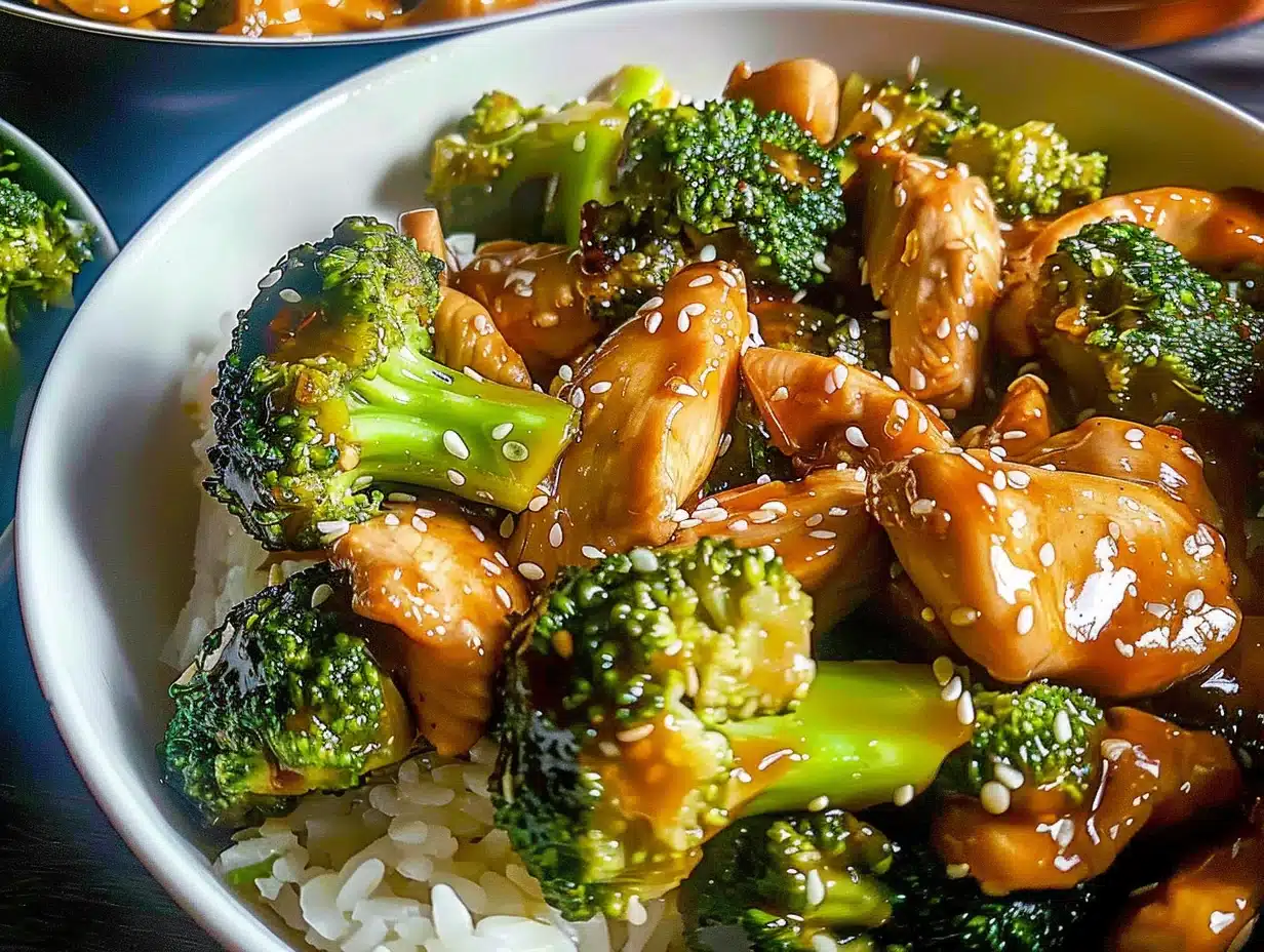 Chicken and Broccoli Stir Fry served in a white bowl, topped with glossy sauce and sesame seeds over fluffy rice.