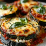 Golden, bubbly Layered Zucchini Ricotta Melts with Marinara topped with fresh basil, featuring caramelized cheese, vibrant green zucchini rounds, and bright red marinara sauce artfully presented on a plate.