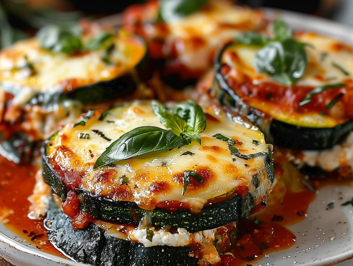 Golden, bubbly Layered Zucchini Ricotta Melts with Marinara topped with fresh basil, featuring caramelized cheese, vibrant green zucchini rounds, and bright red marinara sauce artfully presented on a plate.