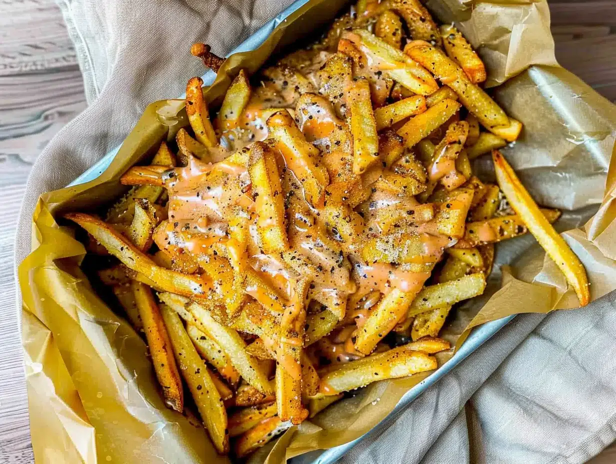 Crispy golden fries topped with rich melted cheese, caramelized onions, and tangy special sauce for crave-worthy animal style flavor.