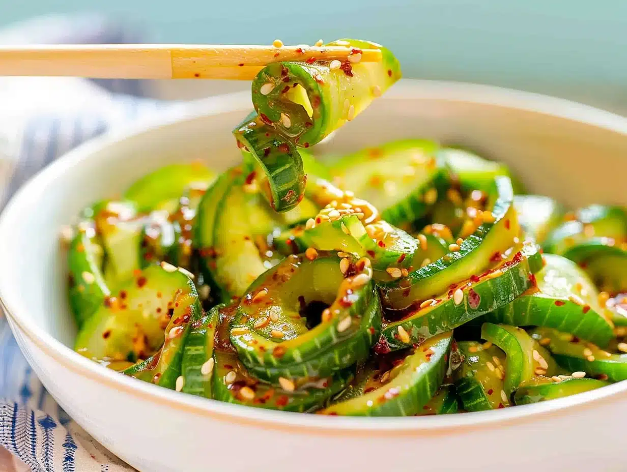 Bright, spiralized cucumber salad with sesame seeds and chili oil in a white bowl, being scooped up with chopsticks.