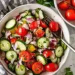 Colorful cucumber tomato salad with red onions and herbs, ready to serve in a white bowl for a vibrant, healthy appetizer or side.