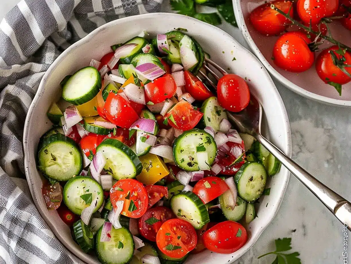 Colorful cucumber tomato salad with red onions and herbs, ready to serve in a white bowl for a vibrant, healthy appetizer or side.