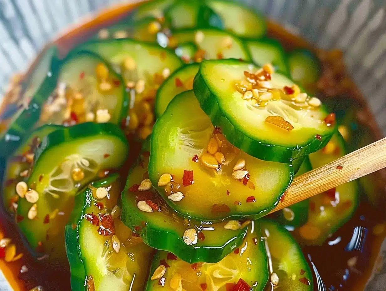 Close-up of vibrant Asian cucumber salad with sesame, chili oil, and glossy, crisp cucumber slices in a bowl.