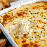 Bubbly golden Creamy Baked Artichoke Dip Delight topped with fresh chives in a white dish, surrounded by rustic baguette slices