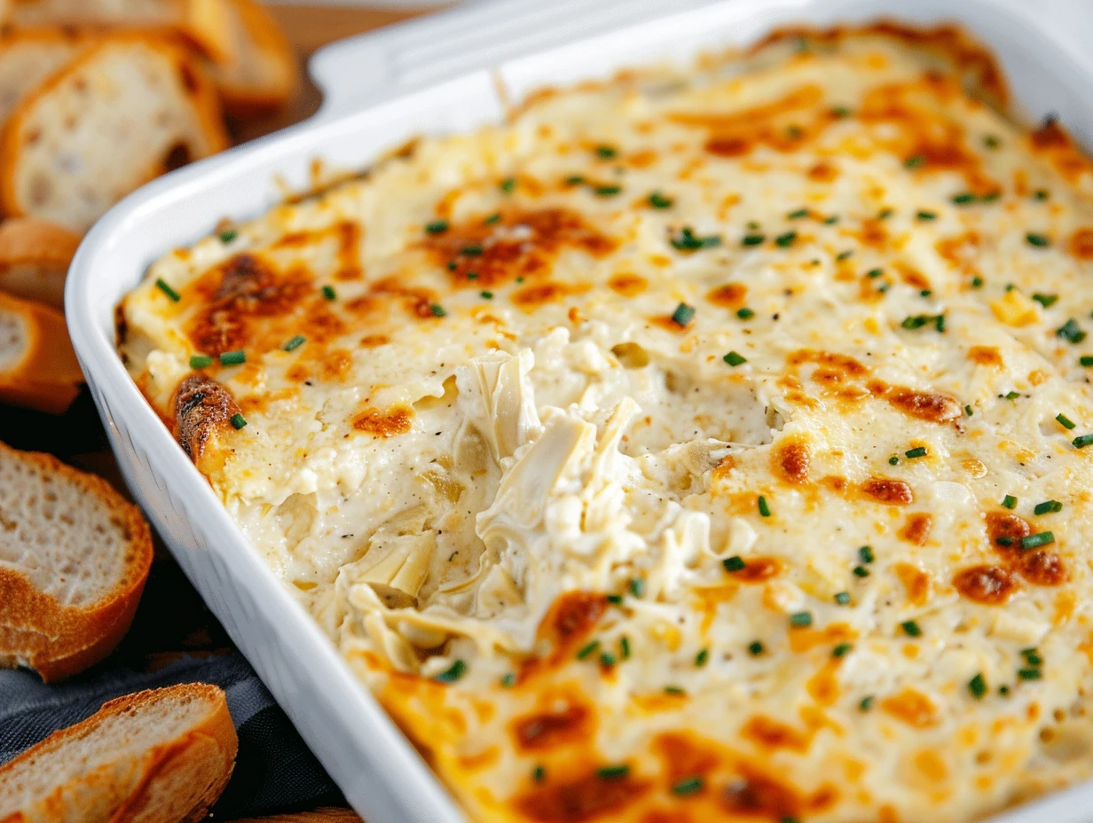 Bubbly golden Creamy Baked Artichoke Dip Delight topped with fresh chives in a white dish, surrounded by rustic baguette slices