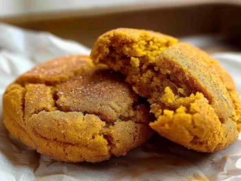 Golden, soft-baked Amazing Pumpkin Snickerdoodle Cookies with a sparkling cinnamon-sugar crust, cracked tops, and vibrant orange hue on a parchment-lined tray.