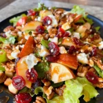 Vivid Apple Cranberry Walnut Salad with Feta on black plate, featuring crisp apple slices, ruby cranberries, crunchy walnuts, and creamy feta on fresh green lettuce, glistening with tangy dressing.