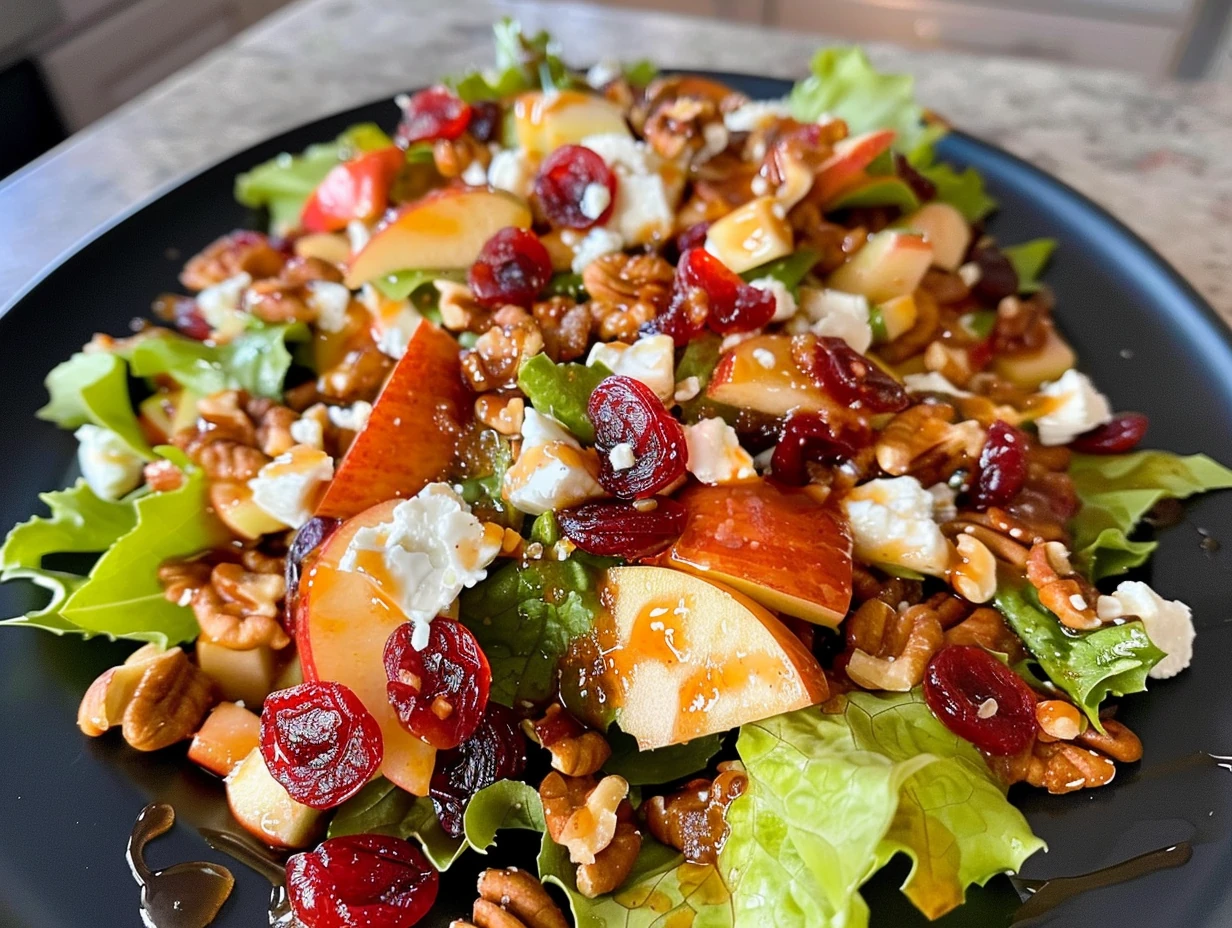 Vivid Apple Cranberry Walnut Salad with Feta on black plate, featuring crisp apple slices, ruby cranberries, crunchy walnuts, and creamy feta on fresh green lettuce, glistening with tangy dressing.