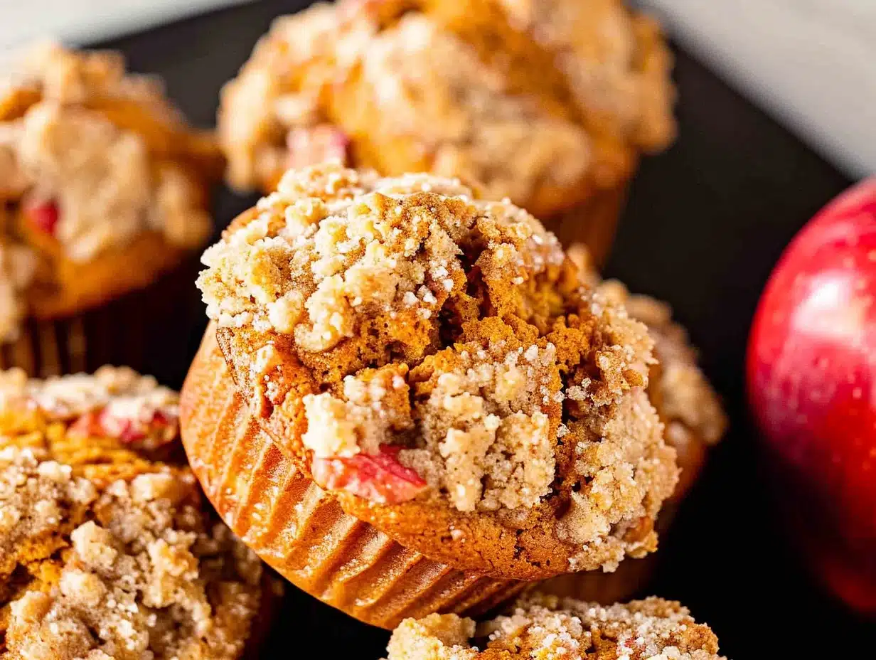 Golden-brown Apple Pumpkin Streusel Muffins with crunchy crumbly tops and fresh red apple pieces, beautifully arranged on a dark plate.
