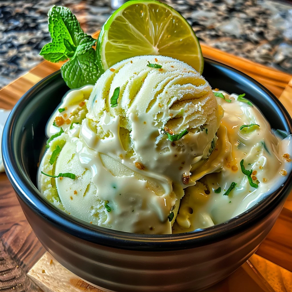 Vibrant green avocado ice cream in a black bowl, topped with creamy sauce, fresh mint, and a bright lime slice, with a smooth, inviting texture on a wooden board.