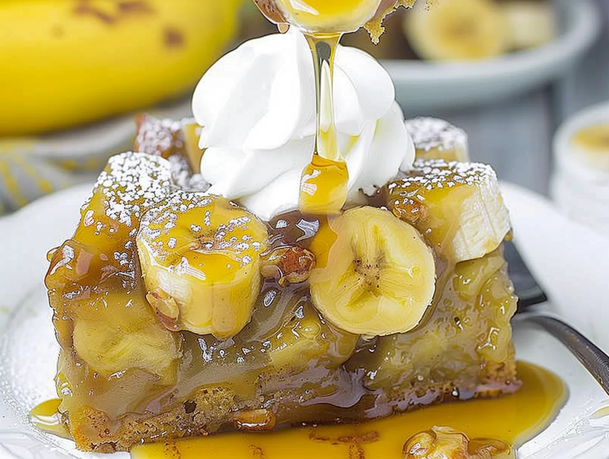 Golden caramel-glazed Banana Upside Down Cake slice with luscious banana rounds, glossy sauce, and a swirl of whipped cream on a white plate, dusted lightly with powdered sugar