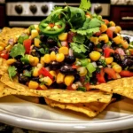 Vibrant Black Bean and Corn Salsa with glossy black beans, sweet golden corn, bright red peppers, and green jalapeño slices, garnished with fresh cilantro, served on crisp tortilla chips atop a white plate.
